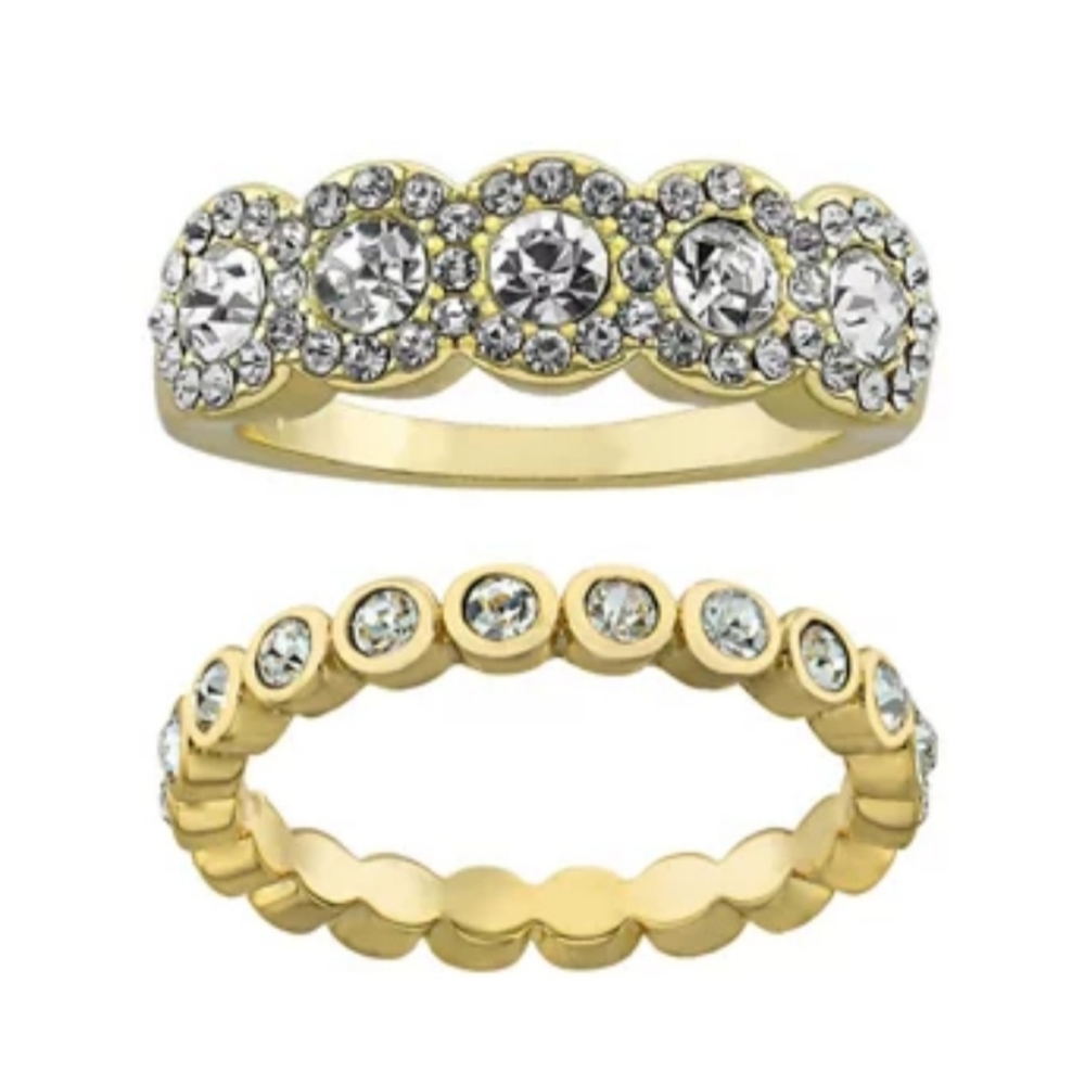 NWT Gold Over Fine Silver Plated Crystal Halo and Band 2 Piece Ring Set